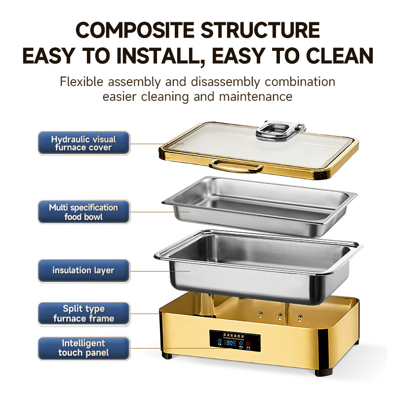 Veermode electric chafing dish buffet warmer rectangle gold finish glass lid