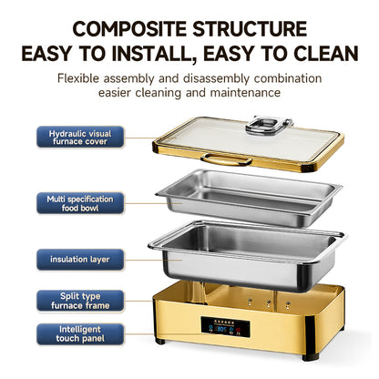 Veermode electric chafing dish buffet warmer rectangle gold finish glass lid
