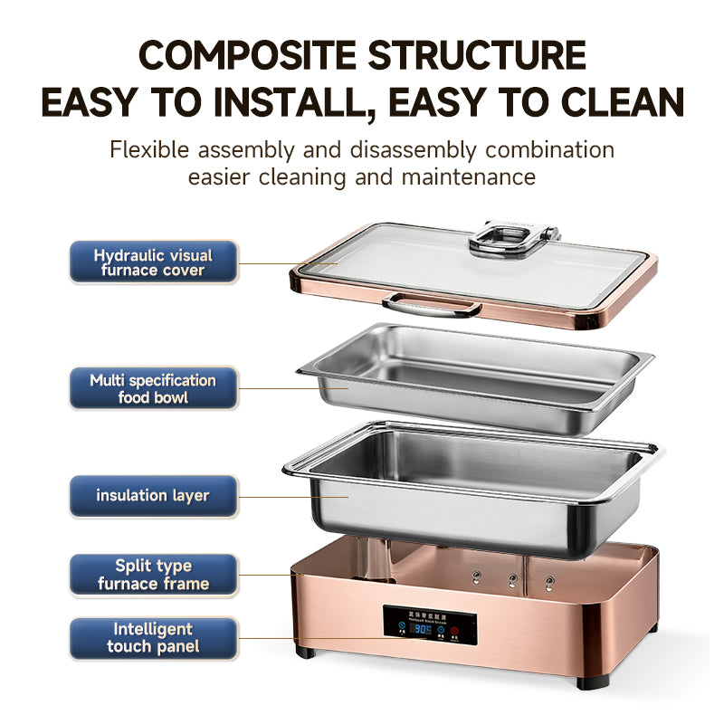 Veermode electric chafing dish buffet warmer rectangle rose gold glass lid