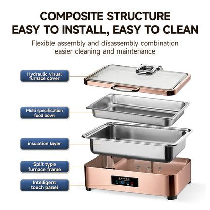 Veermode electric chafing dish buffet warmer rectangle rose gold glass lid